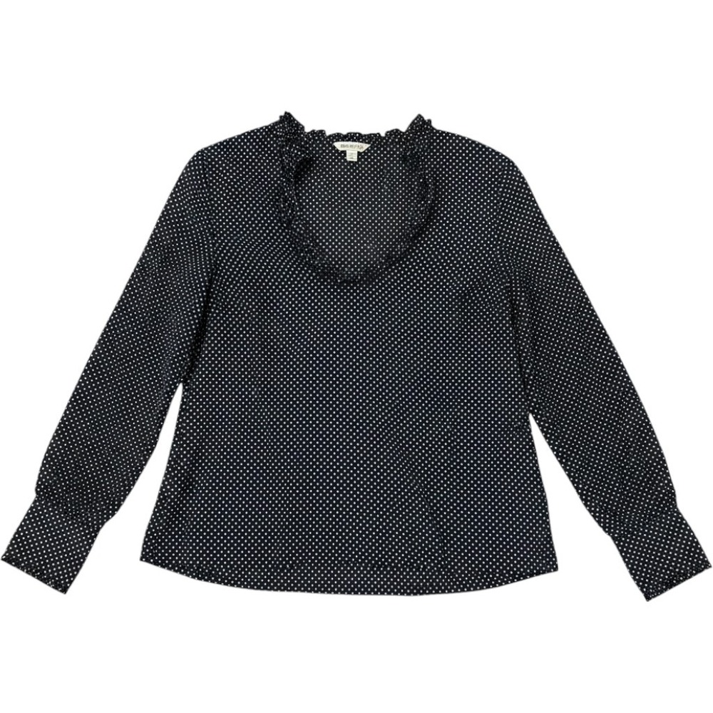 Banana Republic Blouse Large Black Polka Dot Ruffle Neck Side Zip Preppy
